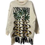 Farm Rio NWT Off White Copacabana Fringe Oversized Tunic Graphic Sweater XS Photo 3
