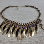 Kenneth Cole Gold Tone Blue Gem Statement Necklace Dangling Leaf Shaped Chain Photo 3
