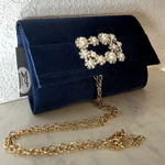 Jessica McClintock Navy Satin Evening Bag Womens NWT Rhinestone Pearl Chain Photo 0