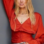 Anthropologie Women's Satin Orange Cinched Long Sleeve Blouse Button Front Photo 0