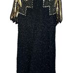 Vintage 100% Silk Sequin Beaded Gold Black 12p Midi Dress Size 12 Photo 11