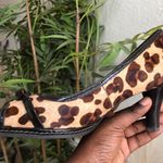 2000s Y2K brown black Leopard animal genuine leather print open peep toe heels pumps with bow detail Photo 2