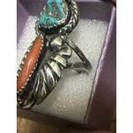 SIZE 8 "RHY" NAVAJO STERLING SILVER TURQUOISE & LARGE CORAL WOMENS RING Photo 2