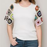 Emery Rose Top Blouse White Crochet Short Sleeves Colorful Cute Neutral Size M Photo 1