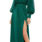 Mac Duggal Deep Emerald Green Split Bishop Sleeve Slit V-Neck Maxi Dress NWT 2 Photo 0