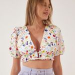 ZARA Boho Embroidered Crop Top Sz Large Deep V Cut Puff Sleeves Photo 0