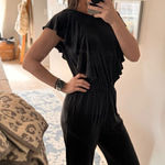 Just Female Black Jumpsuit with Ruffled Shoulder Hemline Women’s Size Small Photo 0