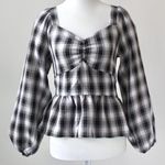 Pleione Black White Gingham Sweetheart Smocked Peplum Crop Top Extra Small Photo 0