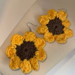 Sunflower Crochet Earrings Pierced w French Hooks Yellow & Brown Photo 5