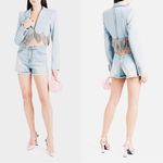 AREA Scalloped Embellished Cropped Denim Jacket in Pale Blue, Size 4, NWT Silver Photo 6