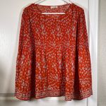 Max Studio  Pleated Red Orange Floral Flowers Bell Sleeves Size Large EUC #0999 Photo 1