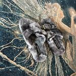 Bebe Plush Gray and Gold Faux Fur Slippers Slides SZ 7 Soft Sandals Rhinestone Photo 6