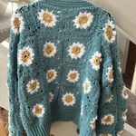 Handmade Floral Crochet Cardigan - Teal with Yellow and White Flowers Photo 3