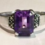 Amethyst Vintage Emerald Cut and Marcasite Sterling Silver Ring Photo 0