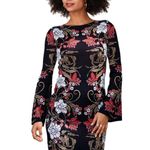 Boston Proper  Mirrored Garden Print Intarsia Sweater Dress Brown Pink Medium Photo 0