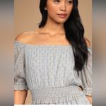 Lulus NWT Lulu’s Touch of Glam Dusty Blue Dotted Off-the-Shoulder Mini Dress size L Photo 2