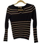 Caslon  Striped Knit Sweater Black Cream | V-Neck Long Sleeve | MP Photo 0