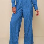 Lulus NWT Getaway Aesthetic Blue Textured Wide-leg High-rise Pants - Size L Photo 0
