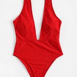 Red Deep V One Piece Swimsuit Photo 0