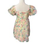 Umgee Balloon Sleeve Babydoll Pastel Flowers Sheer Lined Mini Dress Sz Large NWT Photo 4
