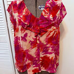Jones New York  Red Pink Floral Ruffle Button Up Short Sleeve Blouse Size 18W Photo 0