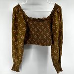 Aerie Crop Top Long Puff Sleeve Floral Print Smocked Ruffle Square Neck Brown S Photo 6