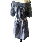 Tacera  Off Shoulder Striped‎ Blue White Smock Neckline Dress Women's Large Photo 3