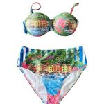 ENDLESS MOON Underwire Push Up Bikini Sz S Hi Rise Bottom Italy Floral Scene NEW Blue Photo 0