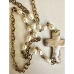 Silver and gold tone fresh water pearl long cross necklace Photo 3