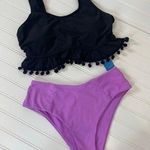 Cupshe Black Pom Pom Trim Swim Top & Purple High Cut Bikini Bottom Bundle Sz M Photo 0