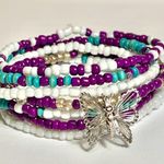 Beaded bracelets butterfly purple blue white silver handmade stretchy Photo 6