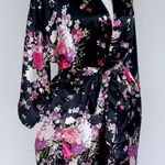 Silky Satin Robe Floral Pattern Kimono Short Black Size Small Photo 4