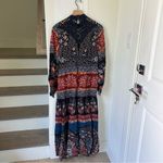 Farm Rio NWT Anthropologie +  Crochet Long Sleeve Boho Maxi Dress in Navy Blue Photo 4