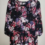 Rose + Olive Blouse Floral Print Pink Purple White Keyhole Business Casual Photo 10