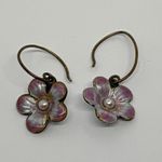 Enamel Cloisonne Pansy Flower Dangle Earrings Pearl Center, Floral Drop Earrings Purple Photo 3