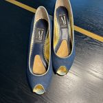 A J Valenci Peep Toe Denim Wedge Pumps Blue Gold Trim Size 9W – EUC Photo 8