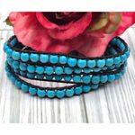 Victoria Emerson Blue Turquoise Stone Beads Brown Leather Cord Wrap Bracelet 36" Photo 6