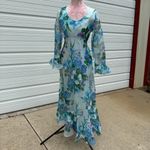 Vintage 70s Long Blue Floral Gown Avalon Classics Size 12 Maxi Long Sleeve Dress Photo 12