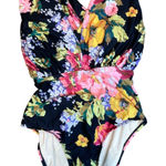 Allihop Floral Print Plunge One Piece Swimsuit Medium Black Pink Yellow Photo 0