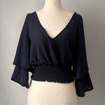 Likely  Navy Women's Blouse Size Medium Flowly 3/4 Sleeves Dressy Smocked Top Photo 0