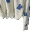 Just Polly Women's Size Large‎ Cream Butterfly Fringe Distressed Cropped Sweater Blue Photo 3