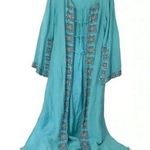 VINTAGE LINEN KAFTAN COVER UP WOMENS ML EMBELLISHED STONE LONG MAXI BOHO RESORT Blue Size M Photo 0