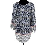 Beach Lunch Lounge Womens Ikat Notch Neck‎ 3/4 Sleeve Tunic Blouse Blue Medium Photo 3