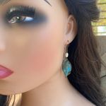 Copper metal patina leaf dangle drop earrings pearl boho artisan handcrafted Photo 3