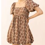 Storia Short Puff Sleeve Square Neck Floral Daisy Bubble Hem Mini Dress Brown M Photo 0