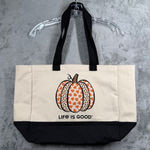 Life is Good  Fall Pumpkin Canvas Tote Bag Large Farmers Market Shopping Autumn Photo 0