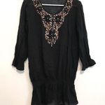 Chico's  1 Solid Black Sequin Beaded 3/4 Sleeve 100% Cotton Drop Waist Tunic Top Photo 1