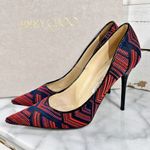 Jimmy Choo Red & Navy Geometric Pattern Woven Pointed Toe Heels Photo 3