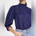 Farm Rio  Embroidered Beaded Flowers Blouse With Puff Sleeves Women’s Size Lg Photo 3