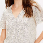 Loft  Shimmery Sequins V Neck Short Sleeve Top Shirt Ivory Size S Party Cocktail Photo 0